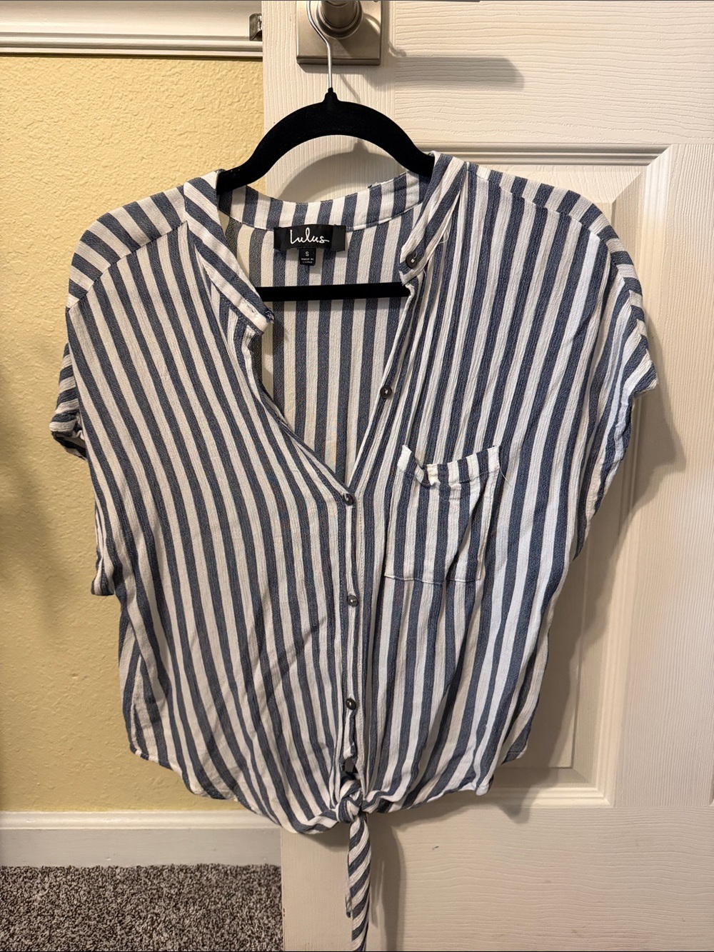 Lulu's Navy and White Vertical Stripe Tie-Hem Button Down Blouse